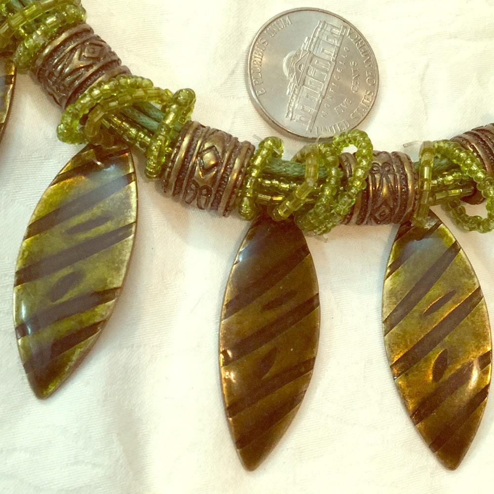Handmade fierce green tribal bronze bead enamel boho bib 14-18” adjust necklace